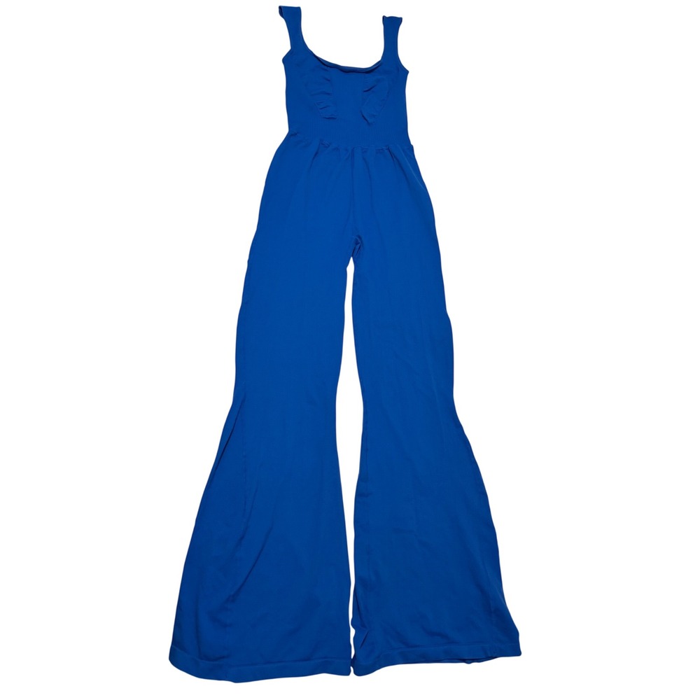 Free People Movement Good Karma Flare Jumpsuit Royal Blue M/L Ribbed Wide Leg